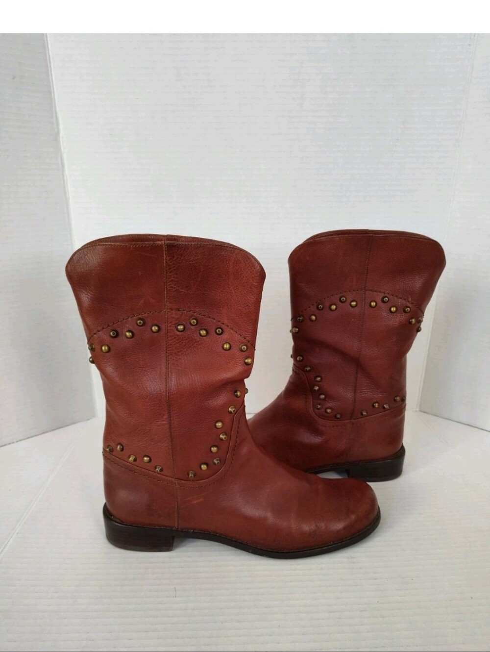 Stuart Weitzman Cognac Brown Leather Boots with Studded Detail Mid Calf Size 8